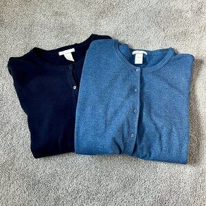 2 H&M Fine Knit Crewneck Cardigans Navy Blue & Medium Blue SIze M